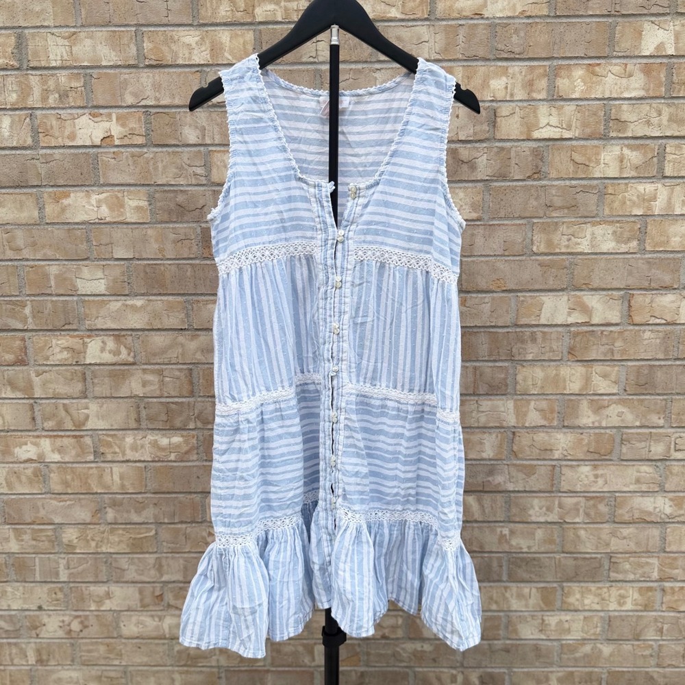 Shabby Chic Striped nightgown Dress Light Blue White Lace Detail Size M Cover Up